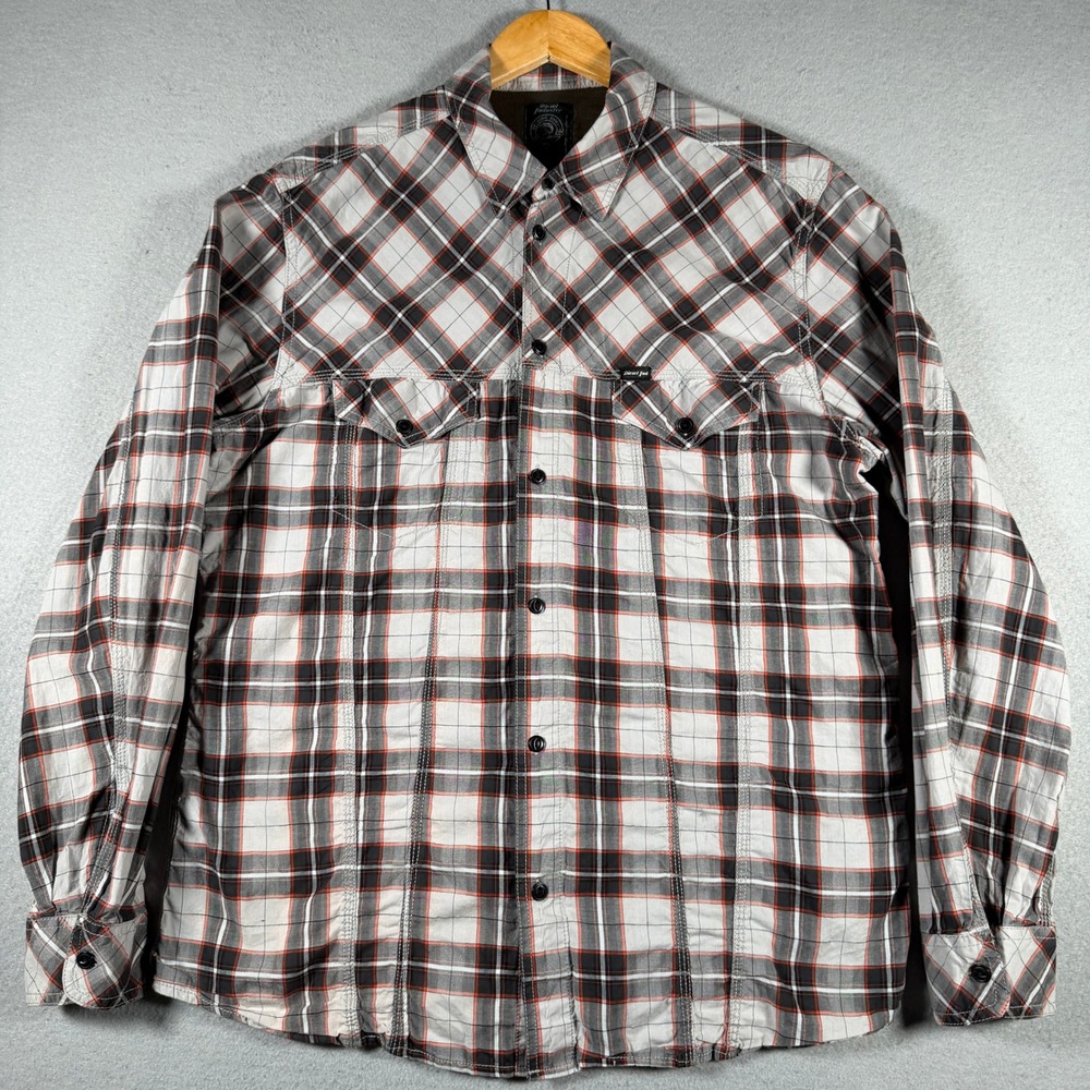 Diesel Industry Mens XL Plaid Button Down Shirt Grey Black Orange Long Slv‎
